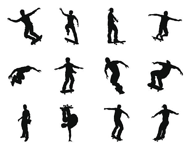 ilustrações de stock, clip art, desenhos animados e ícones de silhuetas de praticante de skate - grinding