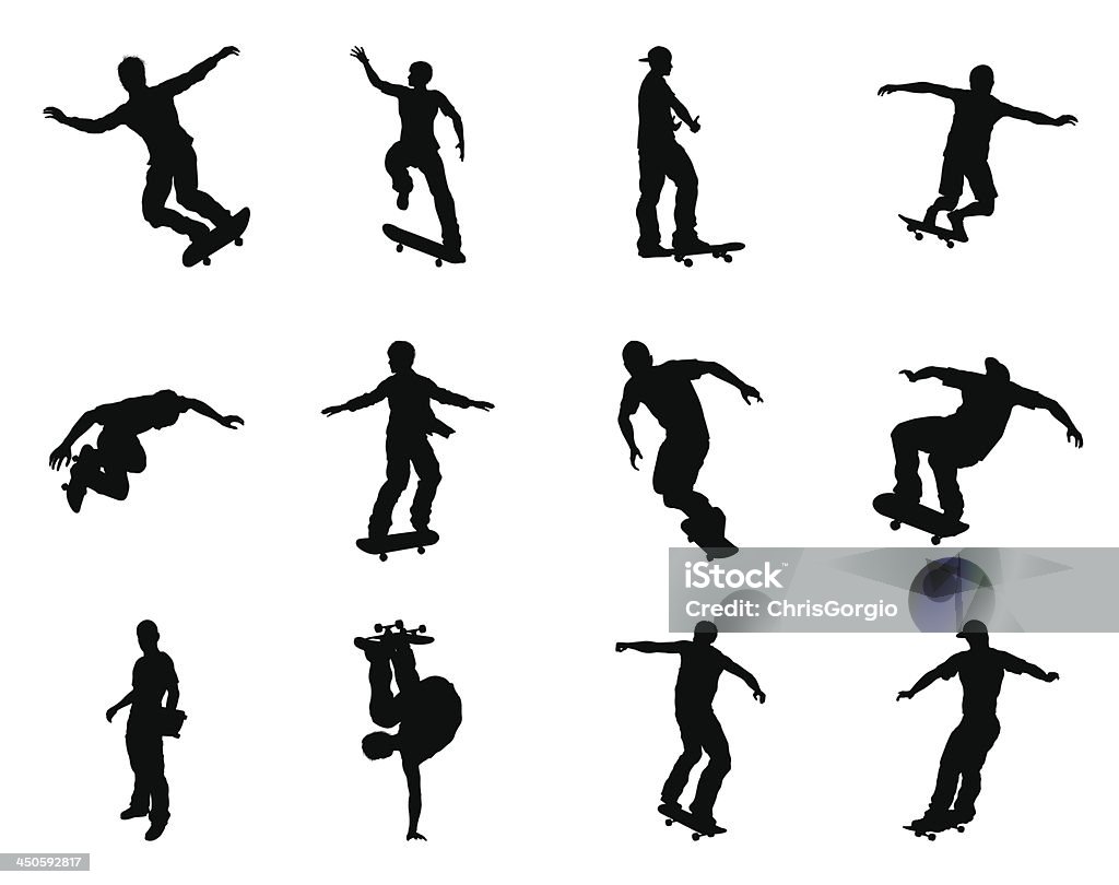 Skateboarder silhouettes Very high quality and highly detailed skating skateboarder silhouette outlines. Skateboarders performing lots of tricks on their boards. Skateboarding stock vector