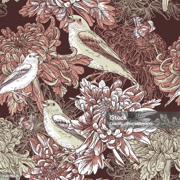 Цветочный Фон С Птичками И Chrysanthemums — стоковая векторная графика и другие изображения на тему Абстрактный - Абстрактный, Без людей, Ботаника