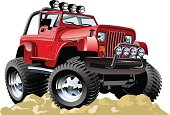 istock Red cartoon jeep atop rocky ground 450597073