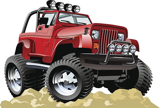 Vector illustration of Red cartoon jeep atop rocky ground