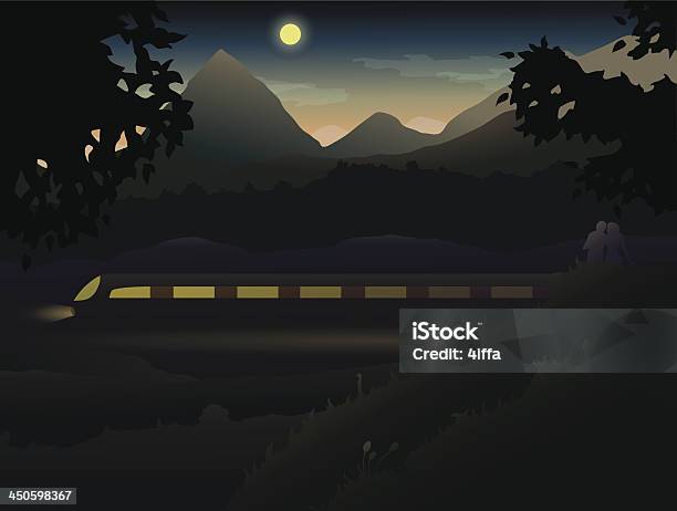 Two Lovers In The Hills And Mountains Observing Night Train Stock Illustration - Download Image Now