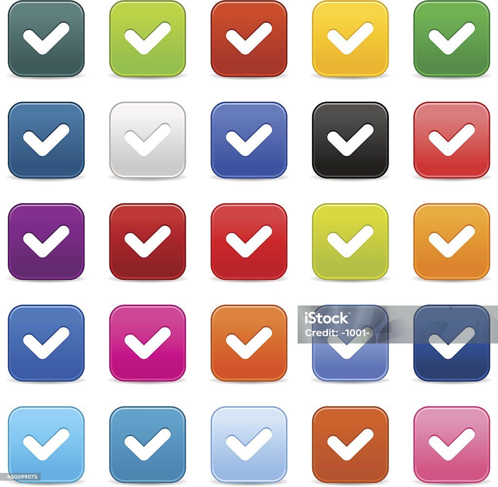 Check mark sign satin square icon web iternet button shadow 25 colored satin icon with white pictogram check mark sign. Green, brown, yellow, blue, gray, black, red, violet, orange, blue, pink, purple colors square shape web internet button with shadow on white background. Achievement stock vector