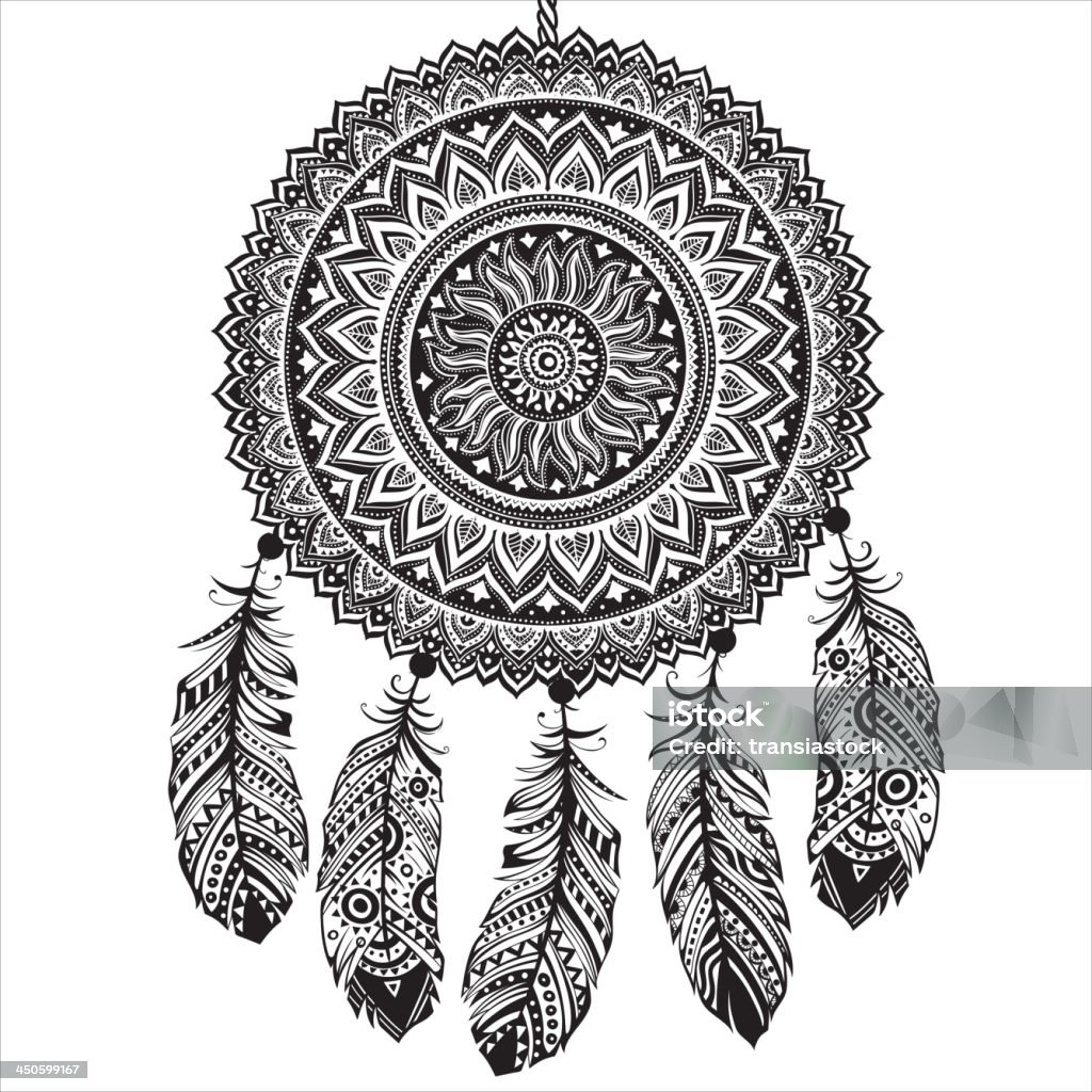 Black and white drawing of a dream catcher with feathers Set of Ethnic feathers Abstract stock vector