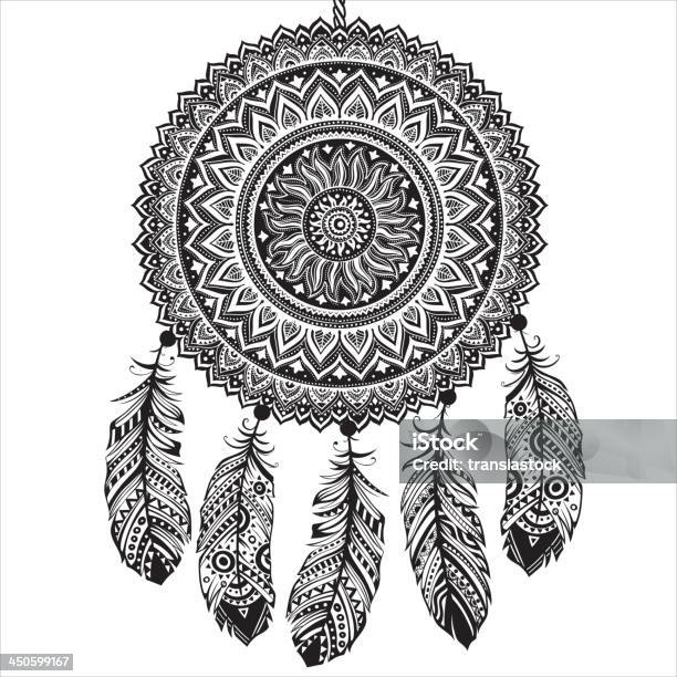 Black And White Drawing Of A Dream Catcher With Feathers Stock Illustration - Download Image Now