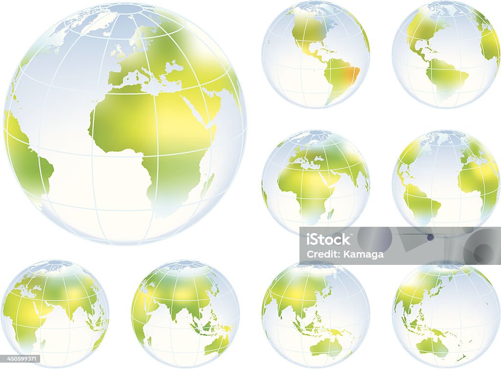 The Earth Set of nine globes showing earth with all continents.  World Map stock vector