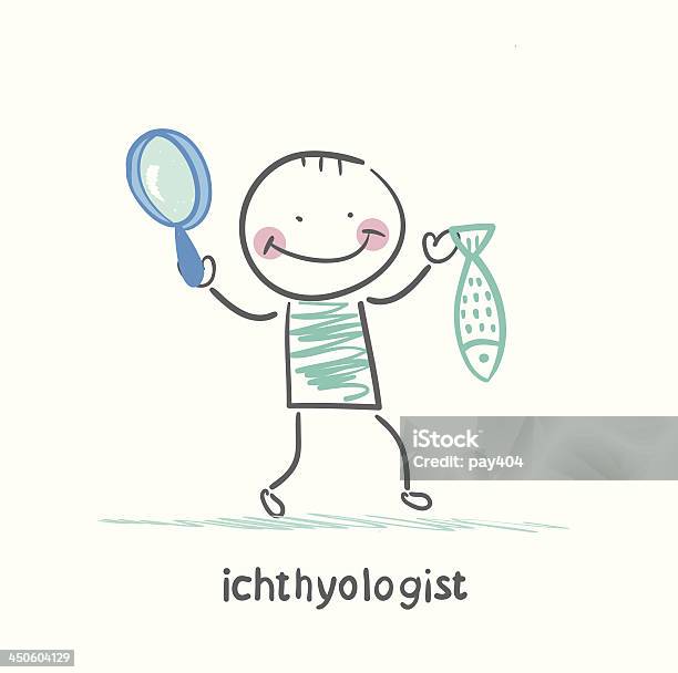Ichthyologist Holding A Magnifying Glass And Fish Stock Illustration - Download Image Now - Adult, Algae, Animal Wildlife