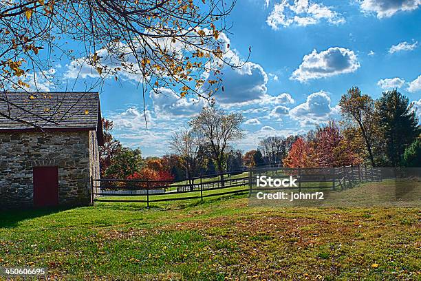 Stone Barn And Horse Corral In Autumn Stock Photo - Download Image Now - Agriculture, Autumn, Barn