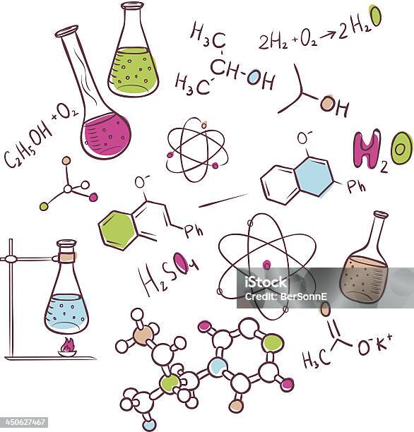 Mano Disegnare Chimica Sullo Sfondo - Immagini vettoriali stock e altre immagini di Astratto - Astratto, Astronomia, Atomo
