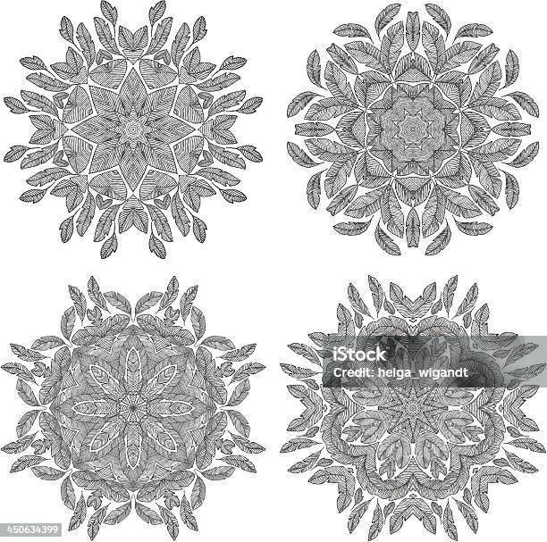 Set Di Quattro Mandala Ornamenti Di Piume - Immagini vettoriali stock e altre immagini di Arredamento - Arredamento, Arte, Arti e mestieri