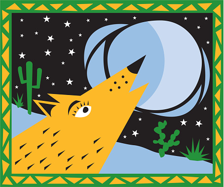 A stylized abstract illustration of a coyote howling a the moon.