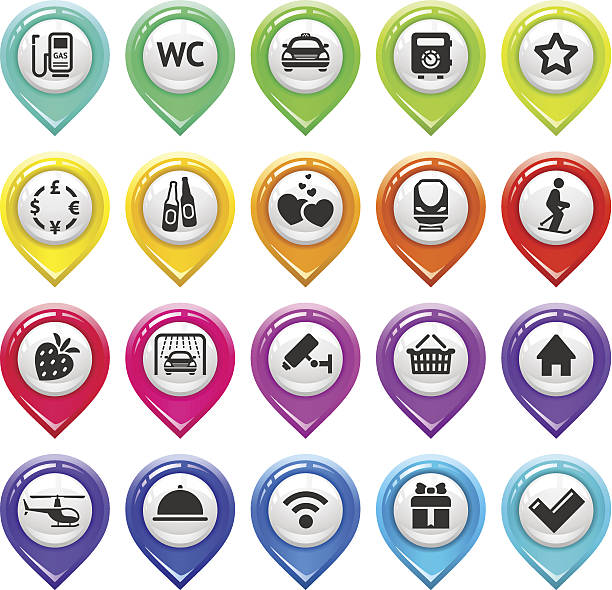 ilustraciones, imágenes clip art, dibujos animados e iconos de stock de mapa de marcadores con iconos-set 3 - three dimensional car vibrant color circle