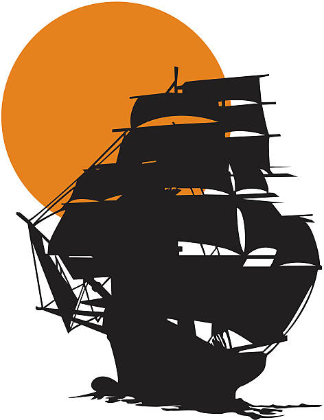 windjammer umrisse gegen sonnenuntergang - piratenschiff stock-grafiken, -clipart, -cartoons und -symbole