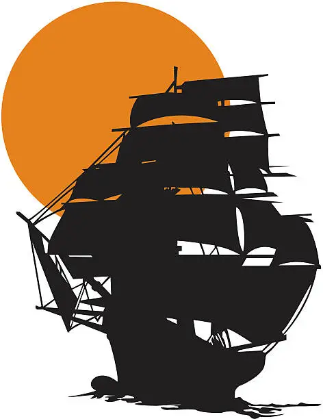 Vector illustration of Tall Ship Silhouetted Against Sunset