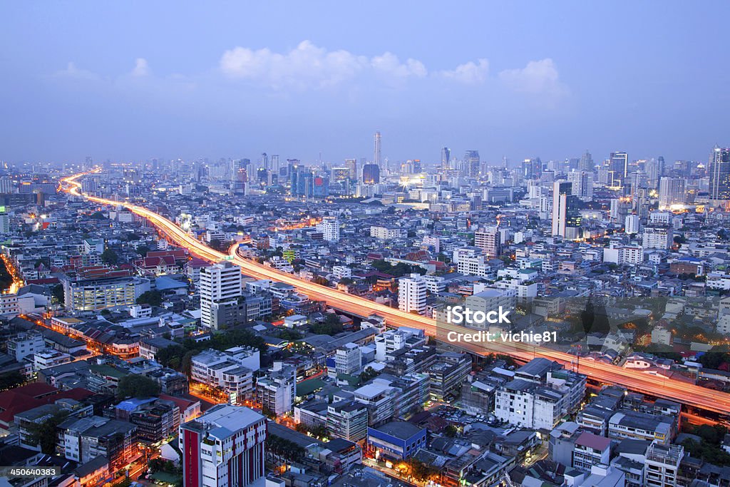 Bangkok Highway aerial view of Bangkok Highway and skylines building downtown Aerial View Stock Photo