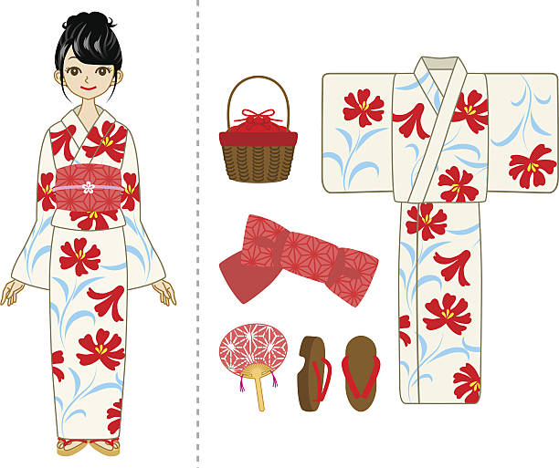 Yukata woman and Item set Vector illustration of Yukata woman and Item set. geta sandal stock illustrations