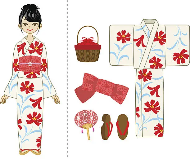 Vector illustration of Yukata woman and Item set