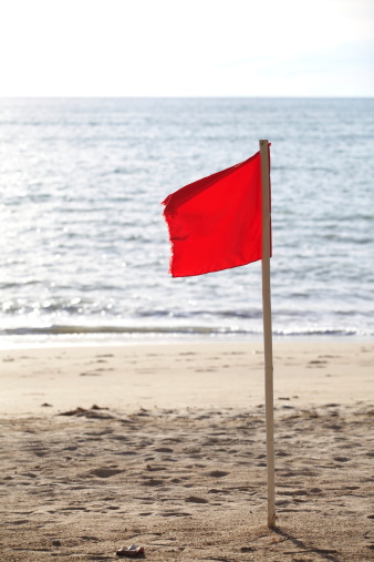 Red flags on white sand beach