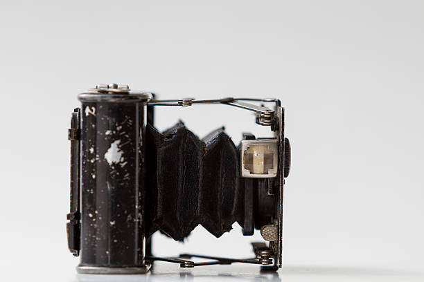istock Isolated old vintage analog black camera detail close up. 450643857