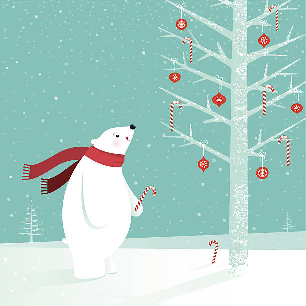 Polar bear with candy cane vector art illustration