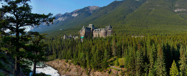 Panoara view of the Banff Springs Hotel with Bow River, Banff National Park, Alberta, Canada