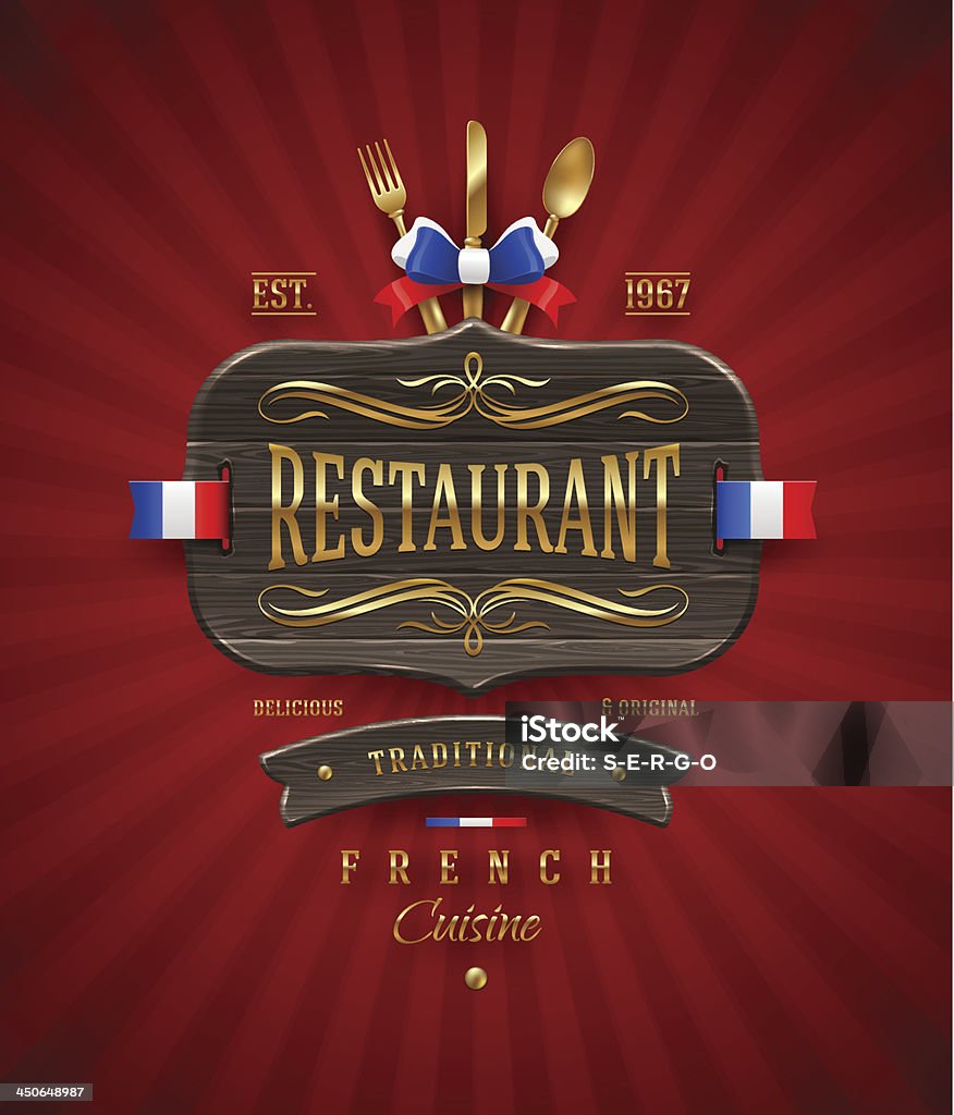Vintage placa de madeira do restaurante francês - Vetor de Almoço royalty-free