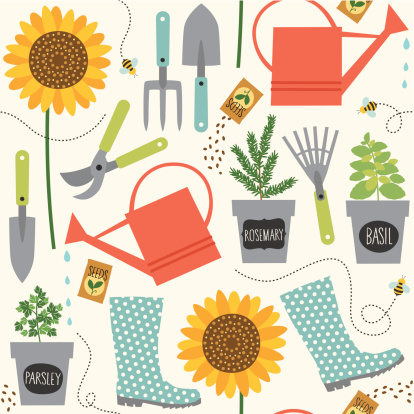 A colorful seamless pattern with gardening elements and tools