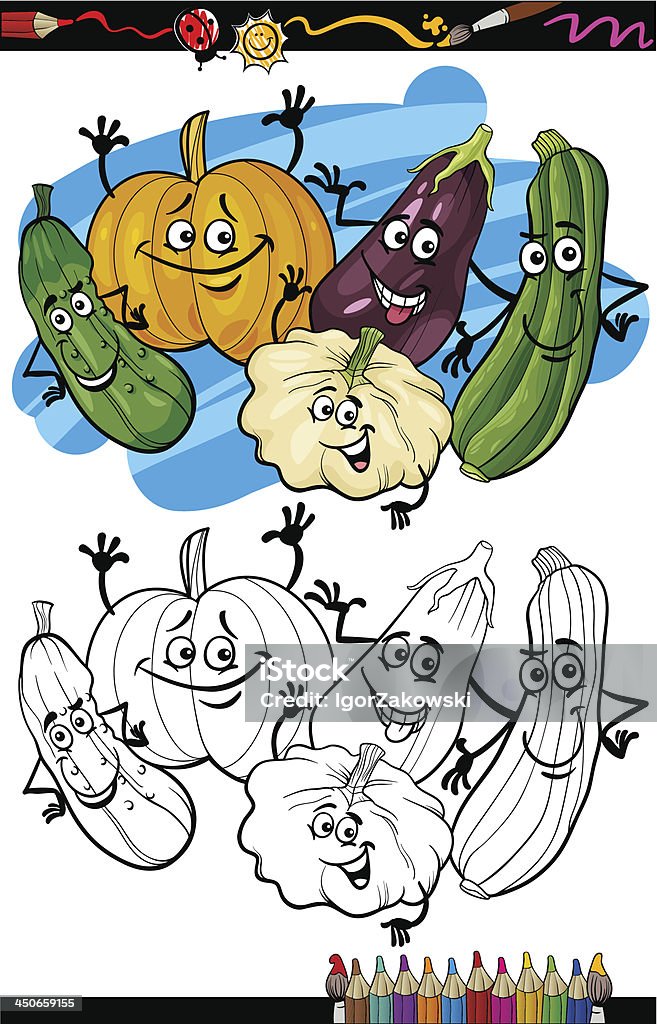 Legumes grupo dos desenhos animados para colorir Livro - Vetor de Abobrinha royalty-free