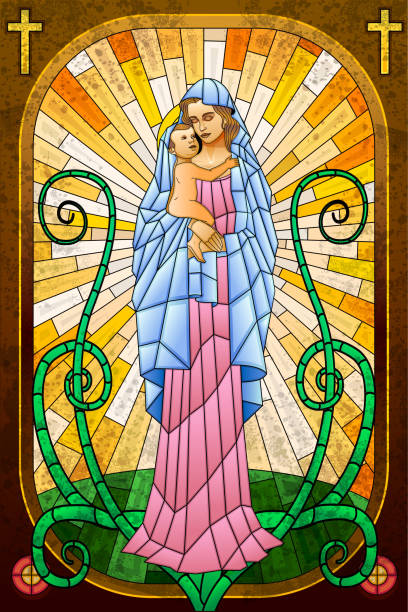 ilustrações de stock, clip art, desenhos animados e ícones de mãe mary com jesus cristo - stained glass jesus christ glass church