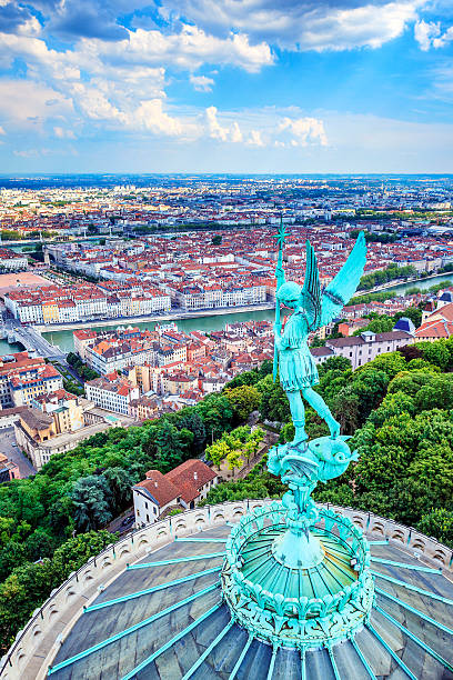Lyon from the top of Notre Dame de Fourviere Vertical view of Lyon from the top of Notre Dame de Fourviere, France fourviere stock pictures, royalty-free photos & images