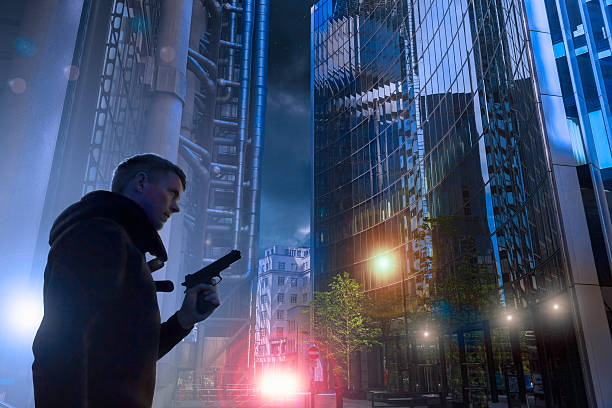 Gunman in a dark city stock photo