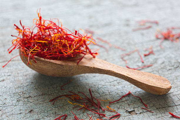 istock Spoon Of Saffron On Old Wooden Surface 450668481