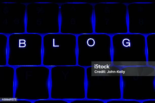 Blog Illuminated Keyboard Text In Blue Stock Photo - Download Image Now - Abstract, Back Lit, Black Background