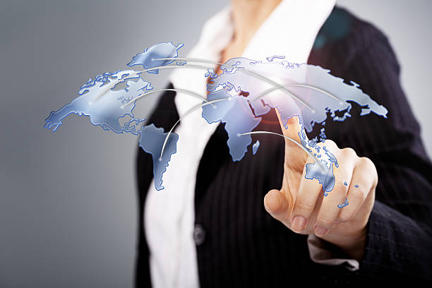istock Businesswoman pressing button on touch screen 450671125