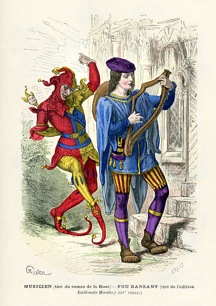 Musician and Court Jester Vintage colour engraving of a Musician and Court Jester, France, 14th Century court jester stock illustrations
