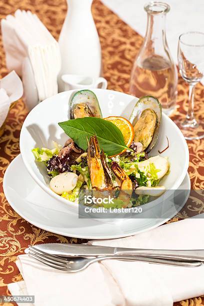 Salad With Vegetables And Seafood Stock Photo - Download Image Now - Anchovy, Bean, Cheese