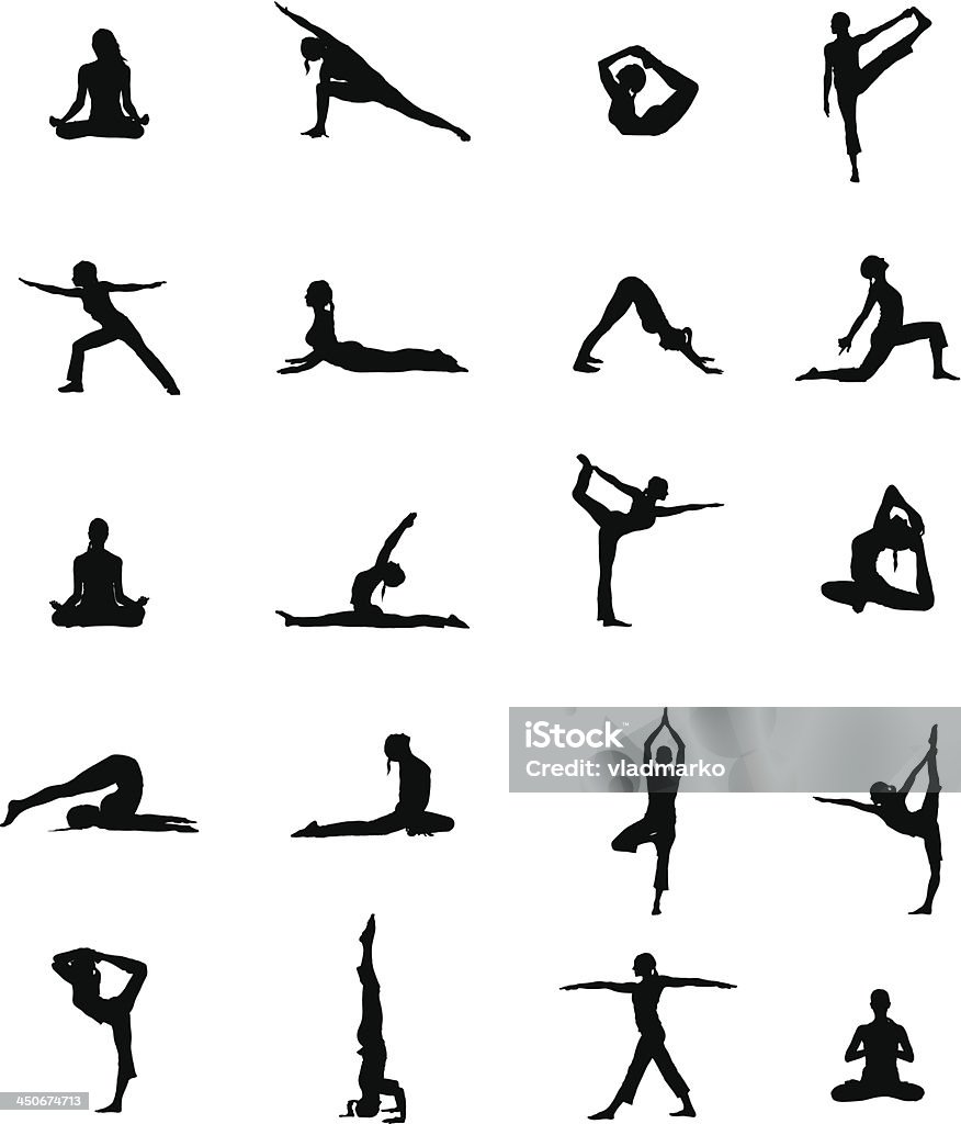 Ensemble de 20 postes de Yoga noir Vector Silhouettes Illustration - clipart vectoriel de Silhouette - Contre-jour libre de droits