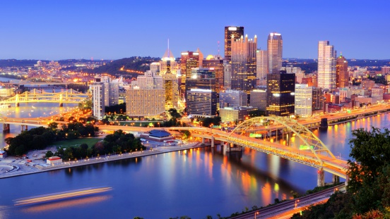 Downtown Pittsburgh, Pennsylvania at dusk.