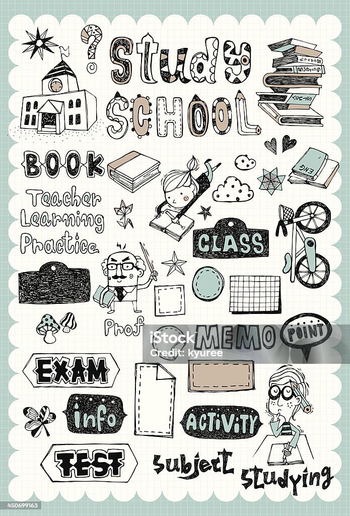 Hand drawn school set 01 Vintage school illustration with schoo and study related words in hand drawn style and on the grid background. All text and illustration is hand-drawn. Bicycle stock vector