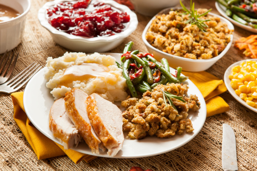 Homemade Turkey Thanksgiving Dinner with Mashed Potatoes, Stuffing, and Corn