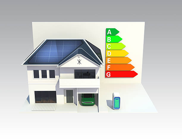 istock Smart house with roof mounted solar panels,energy classification chart 450706029
