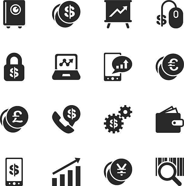 Finance and Trading Silhouette Icons Finance and Trading Silhouette Vector File Icons. bank financial building silhouettes stock illustrations