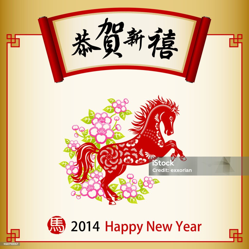 Chinese Horse Paper-cut Art with Chinese Lucky Scroll Year of the Horse background, Chinese script means "New Year Celebration". EPS10. 2014 stock vector