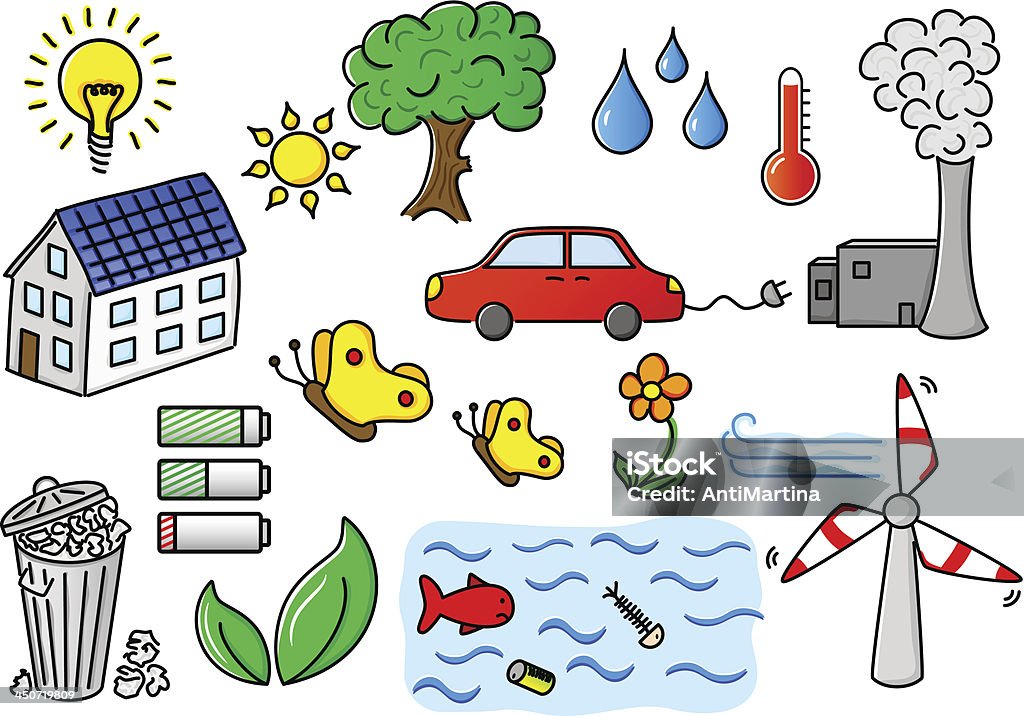 La pollution de l'environnement et icônes de l'énergie verte - clipart vectoriel de Alimentation électrique libre de droits