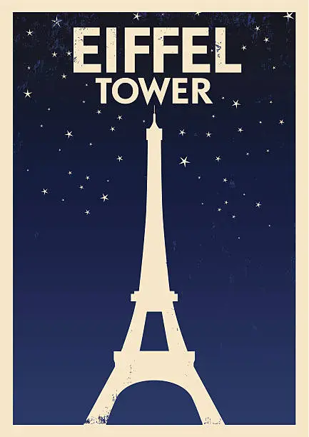 Vector illustration of Eiffel Tower poster in beige on blue with tower and stars