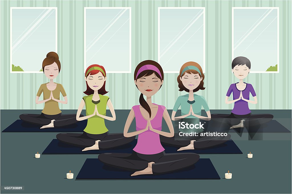 Cartoon women doing yoga in a studio A vector illustration of group of happy women doing yoga in a studio Adult stock vector