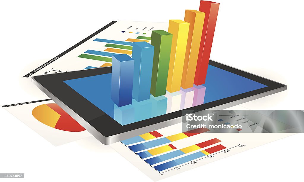 3 D graphique sur une tablette écran et graphiques de statistique - clipart vectoriel de Affaires libre de droits