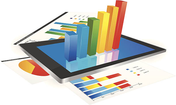 ilustrações de stock, clip art, desenhos animados e ícones de 3 d gráfico de estatística comprimido ecrã e gráficos - growth plan graph digital tablet