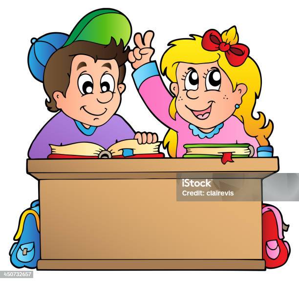 Two Children At School Desk Stock Illustration - Download Image Now - Art, Art And Craft, Book