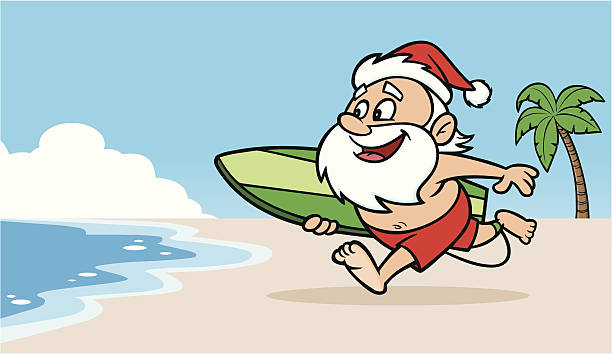 ilustrações, clipart, desenhos animados e ícones de santa na praia - beach sunlight surfboard santa claus